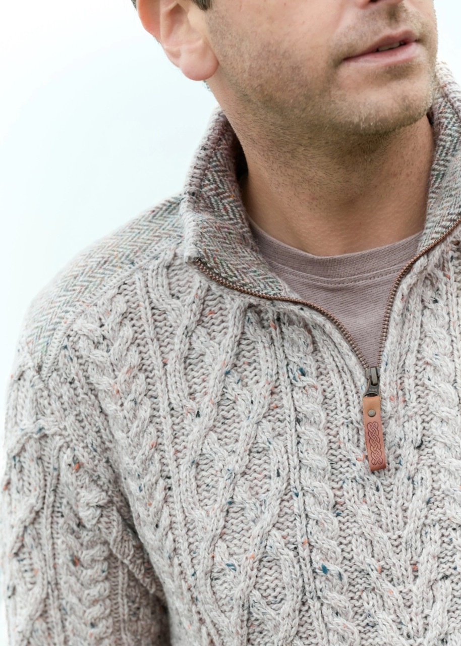 Pull En Pure Laine Tweed - Gris Beige Chiné Taille L - Occasion Très Bon État